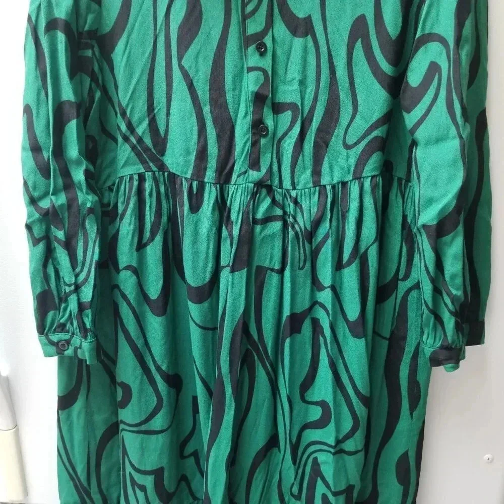 Zara Green Black Print Long Sleeve Midi Dress M - Picture 7 of 12